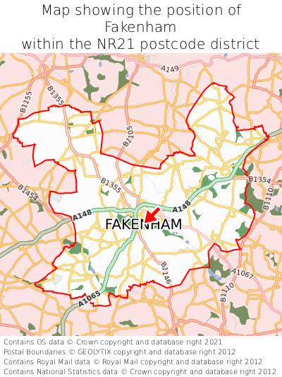 Map showing location of Fakenham within NR21
