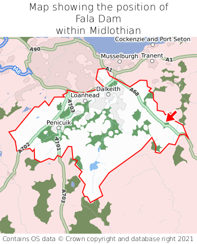Map showing location of Fala Dam within Midlothian