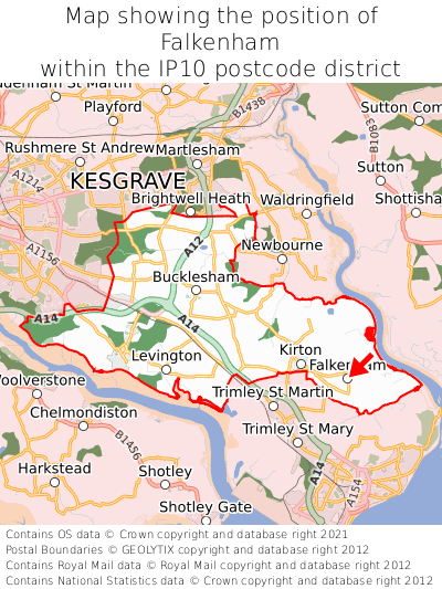 Map showing location of Falkenham within IP10