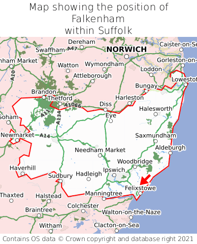 Map showing location of Falkenham within Suffolk
