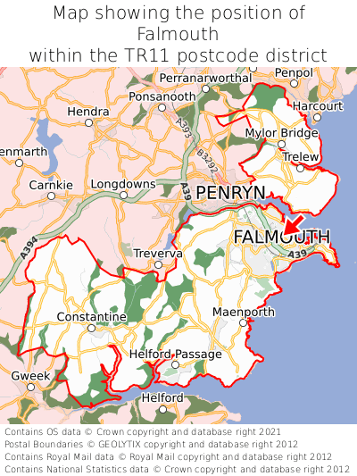Map showing location of Falmouth within TR11
