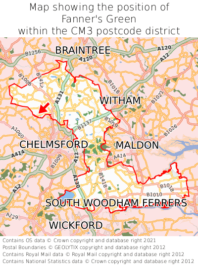 Map showing location of Fanner's Green within CM3