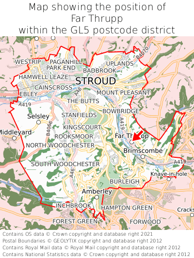 Map showing location of Far Thrupp within GL5