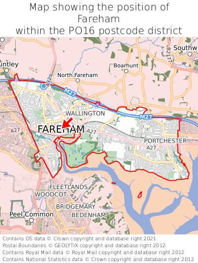 Map showing location of Fareham within PO16