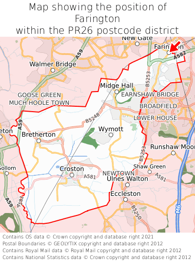 Map showing location of Farington within PR26