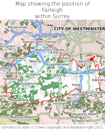 Map showing location of Farleigh within Surrey