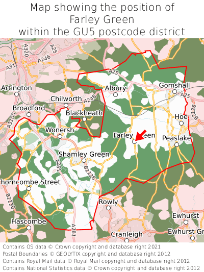 Map showing location of Farley Green within GU5