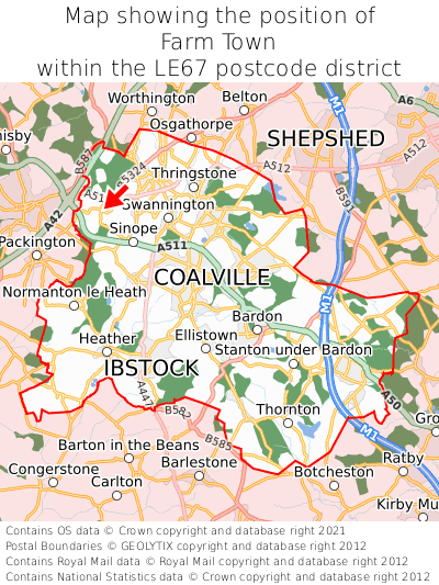 Map showing location of Farm Town within LE67