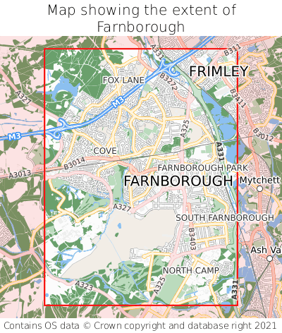 Map showing extent of Farnborough as bounding box