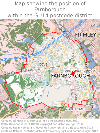 Map showing location of Farnborough within GU14