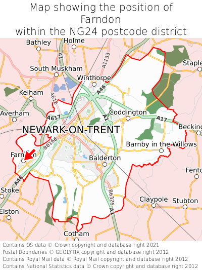 Map showing location of Farndon within NG24