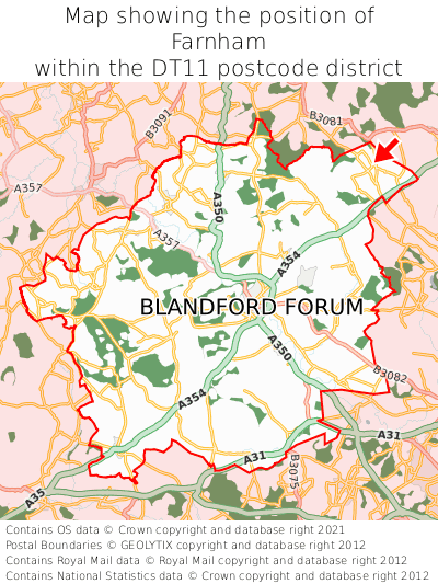 Map showing location of Farnham within DT11