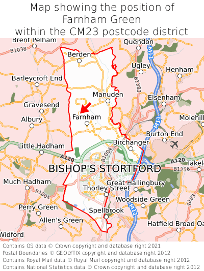 Map showing location of Farnham Green within CM23