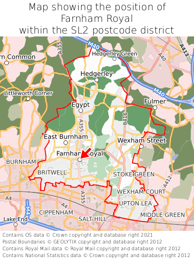 Map showing location of Farnham Royal within SL2