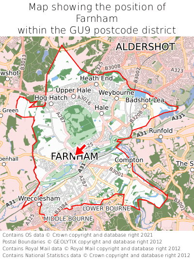 Map showing location of Farnham within GU9