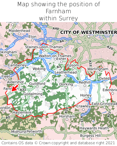 Map showing location of Farnham within Surrey