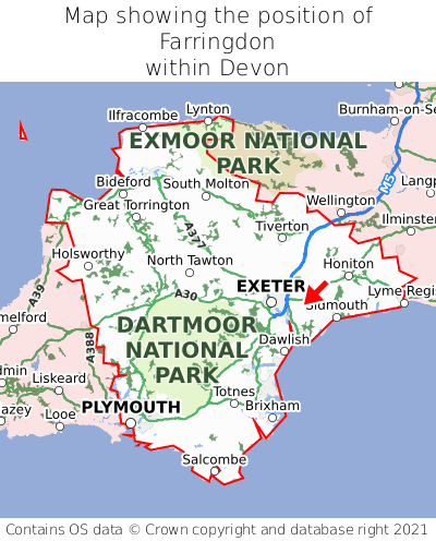 Map showing location of Farringdon within Devon
