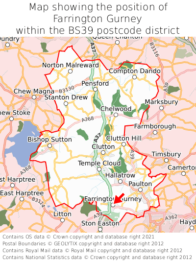 Map showing location of Farrington Gurney within BS39