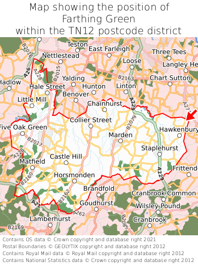 Map showing location of Farthing Green within TN12