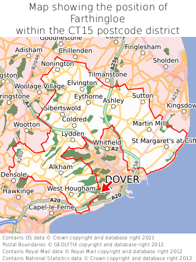 Map showing location of Farthingloe within CT15