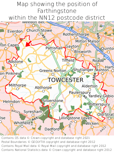 Map showing location of Farthingstone within NN12