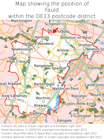 Map showing location of Fauld within DE13