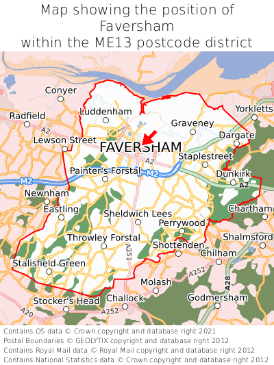 Map showing location of Faversham within ME13