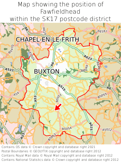 Map showing location of Fawfieldhead within SK17