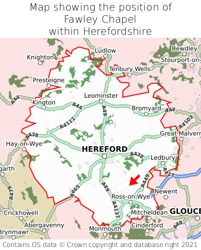 Map showing location of Fawley Chapel within Herefordshire