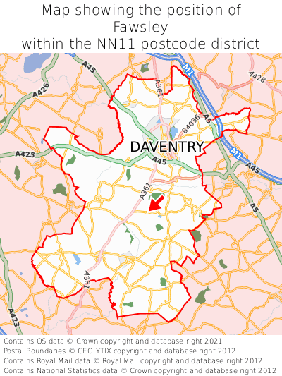 Map showing location of Fawsley within NN11