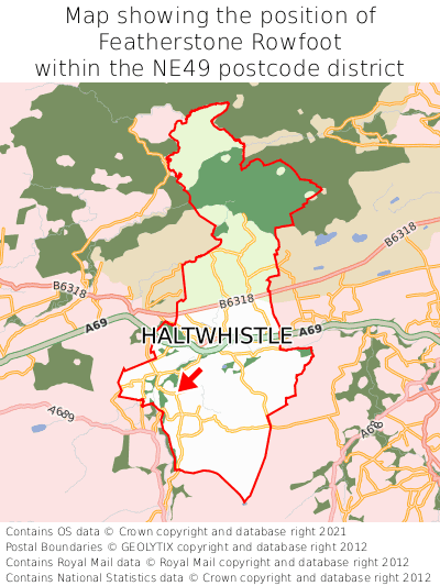 Map showing location of Featherstone Rowfoot within NE49