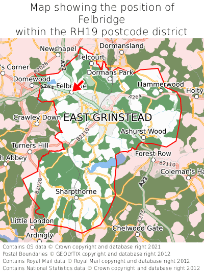 Map showing location of Felbridge within RH19