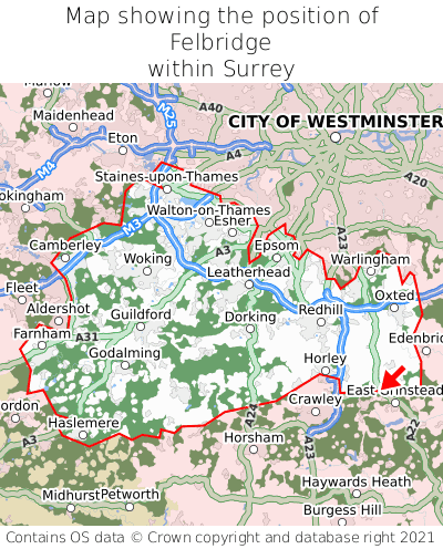 Map showing location of Felbridge within Surrey