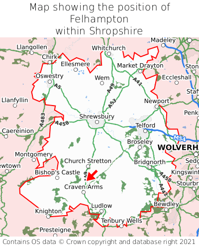 Map showing location of Felhampton within Shropshire