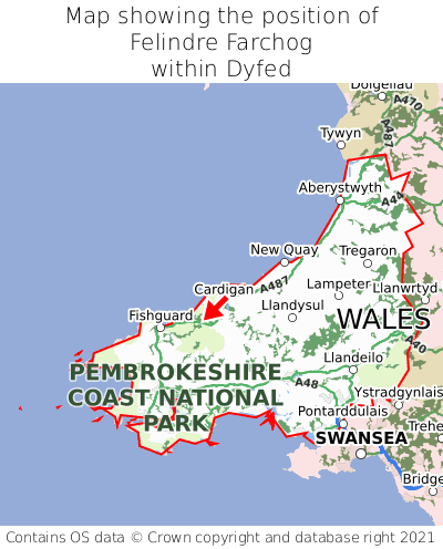 Map showing location of Felindre Farchog within Dyfed