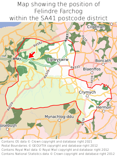Map showing location of Felindre Farchog within SA41