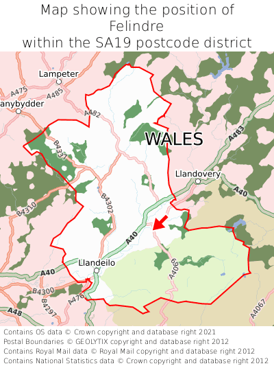 Map showing location of Felindre within SA19