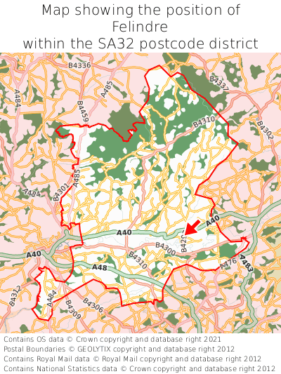 Map showing location of Felindre within SA32