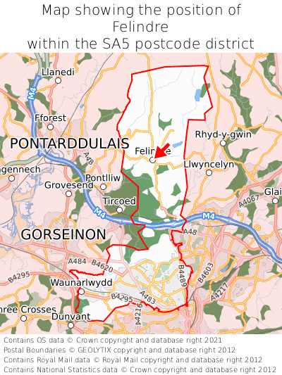 Map showing location of Felindre within SA5