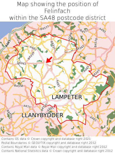 Map showing location of Felinfach within SA48