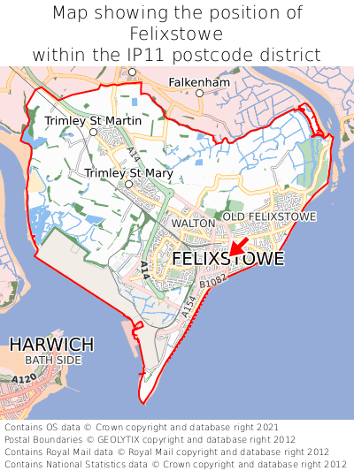 Map showing location of Felixstowe within IP11