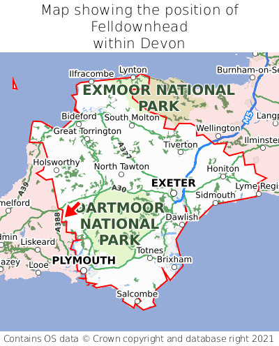 Map showing location of Felldownhead within Devon