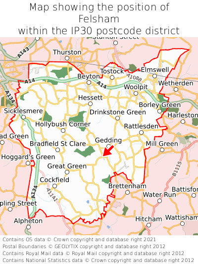 Map showing location of Felsham within IP30