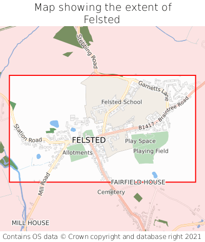 Map showing extent of Felsted as bounding box