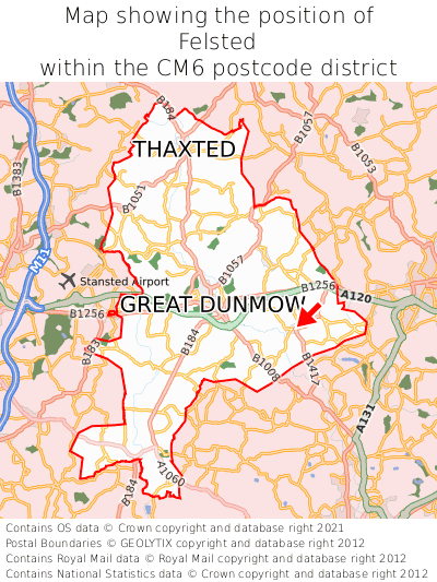 Map showing location of Felsted within CM6