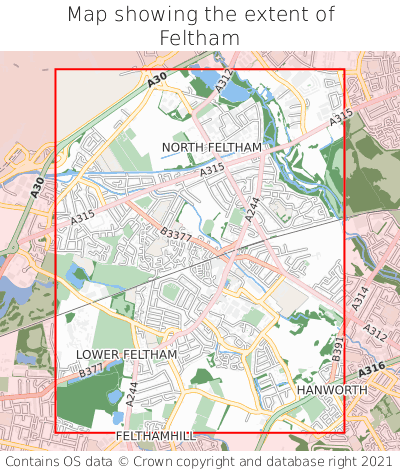 Map showing extent of Feltham as bounding box