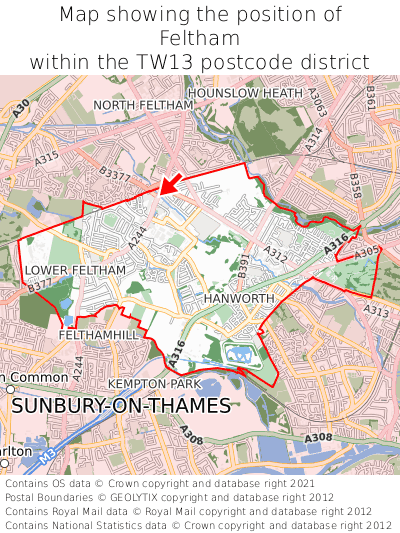 Map showing location of Feltham within TW13