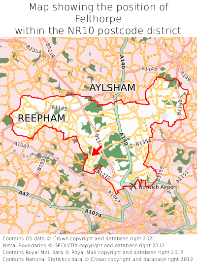 Map showing location of Felthorpe within NR10