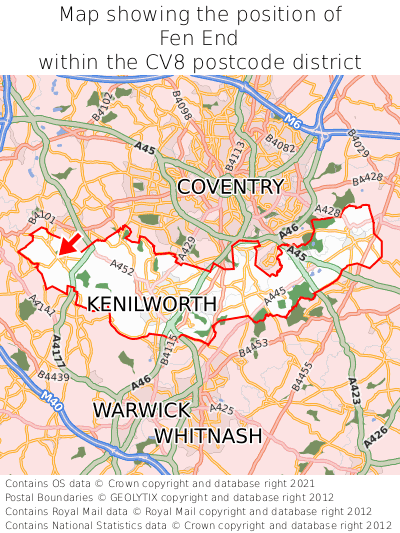 Map showing location of Fen End within CV8
