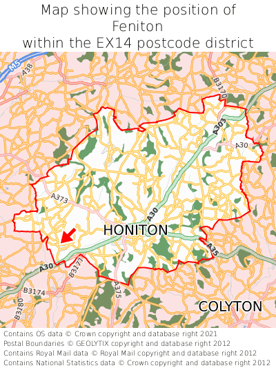 Map showing location of Feniton within EX14